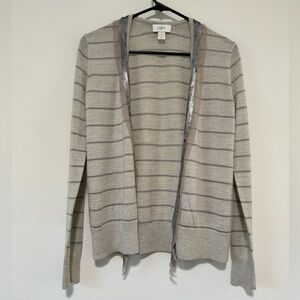 LOFT Wool Mohair Blend Cream and Silver Metallic Striped Sequin Cardigan Small